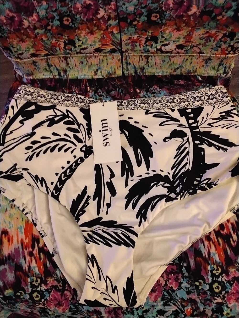 Next Women's size 12 Tall Black White Palm Tree Swim Bikini Bottoms New W/ Tags